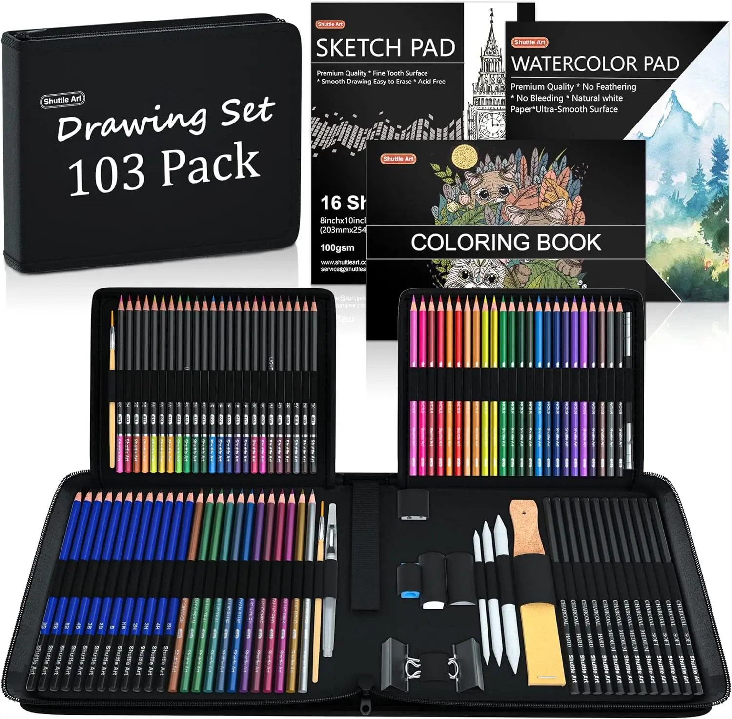 Shuttle Art 103/116/124 Pack Drawing Pencils Set, Sketching and Drawing Art Set with Colored Pencils, Sketch and Graphite Pencils in Portable Case, Dr