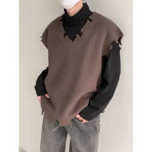 V-Neck Sweater Vest for Men, Spring and Autumn Style, Trendy High Street Style Knitted Vest, Korean Version, Loose Fit, Ins Style, Casual Trendy