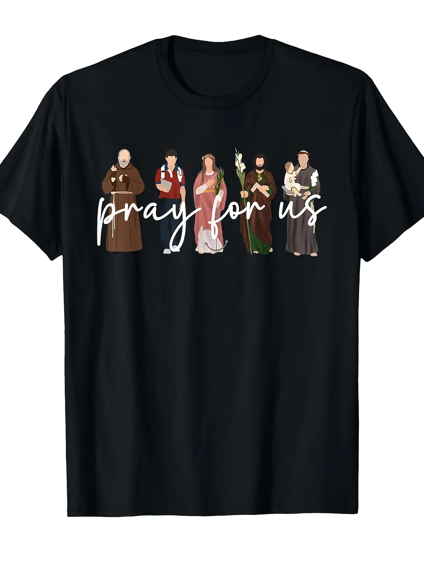 Pray for us Saints t-shirt-black religious clothin unisex soft cotton short sleeve t shirt, vintage graphic casual tee for men women teens, perfect birthday holiday gift for camping travel gym daily street  wear