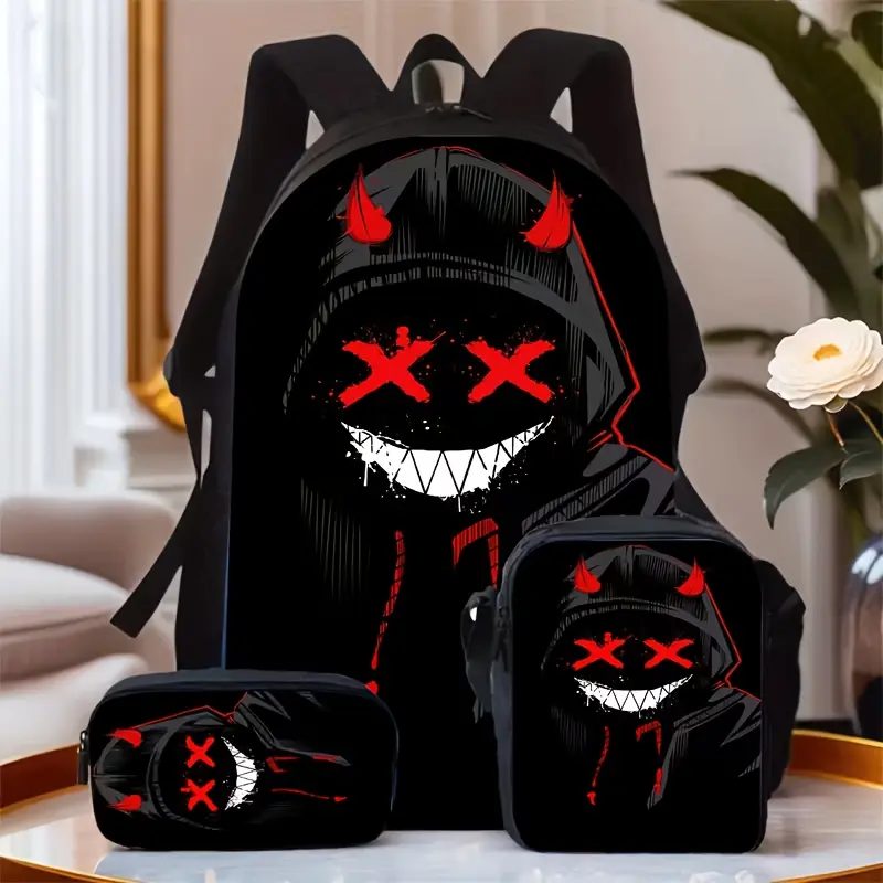 Devil X Eyes Smiley 3PCS Backpack Set, Durable 600D Oxford Cloth School Bag with Lunch Box & Pencil Case Combo, Adjustable Breathable Strap, Fits 15in Laptop for Kids Teens School Travel Outdoor