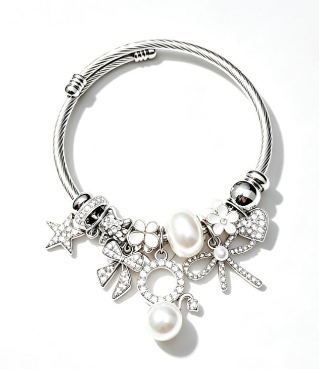 Women's Silver Twisted Wire Open Cuff Bracelet - Dual-Style Pink & White Rhinestone, Bow, Star, Heart, 4-Leaf Clover, Pearl Pendant Bangle, Stackable Dainty Costume Jewelry Gift