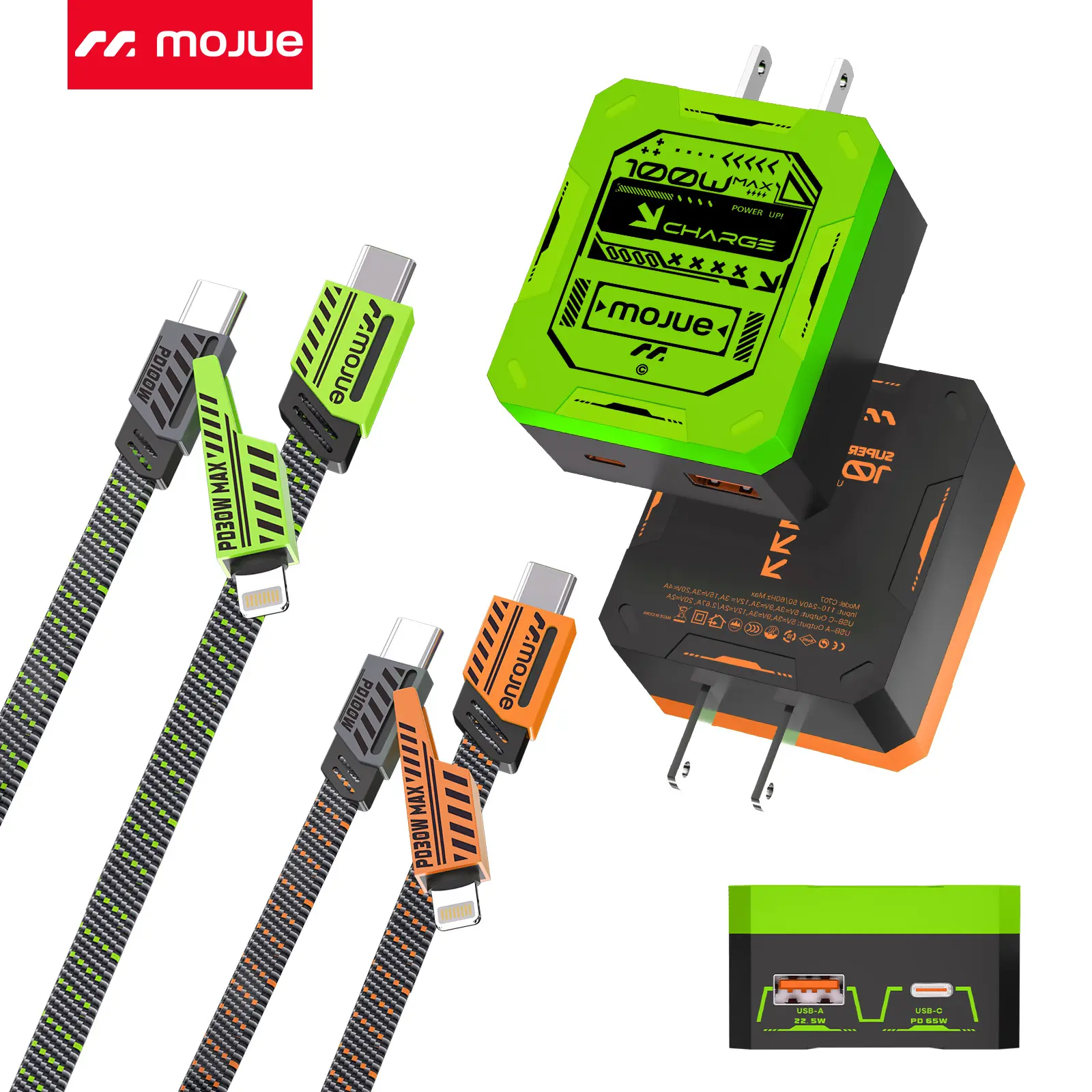 【1-PACK】MOJUE 100W Fast Charger Set, Dual Port USB C Type-C & USB-A Wall Charger with 3-in-1 Charging Cable, Mecha Style Braided Cable for iPhone 17/16/15/14/13, Samsung Galaxy, iPad, Android Devices