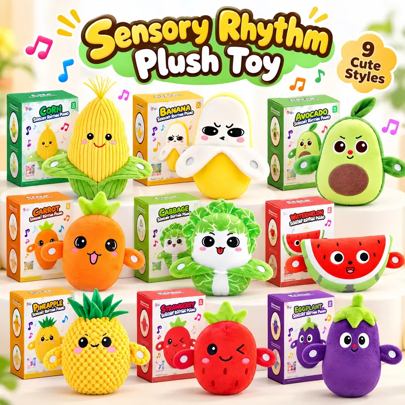 Interactive Music Plush Toy - Touch-Activated Sensory Rhythm Piano, Cute Fruit & Vegetable Themed Stuffed Dolls, Kawaii Soft Huggable Soft Stuffed Collectible, Parent-Child Fun Gift for Kids, Birthday Christmas Present