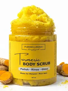 Purebellissimo Turmeric Body Exfoliating Sugar Scrub 300ml Natural VEGAN Skincare for Melanin Rich Skin Soft Moisturizing Polish Rinse Glow