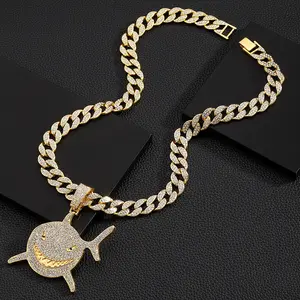 Shark-shaped Miami Cuban Link Chain for Men,Ice Out Diamond Cuban Link Necklace Hip Hop Jewelry,18K Gold Plated Hip Hop Pendant with Cuban Link, Gold/Silver Plated Diamond Necklace