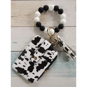 PU Leather Tassel Wallet Silicone Beaded Key Chain Silicone Beaded Bracelet Silicone Beaded Hand String Card Bag Case Wallet Key Chain Wrist Strap Western Cowboy Bracelet Card Bag Cow Print Card Bag Wallet Badge Holder Card Holder Wallet Business Card Ho