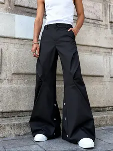 Men's Fashion Versatile Long Pants, Adjustable Ankle Buttons, High Street Style Casual Trousers, Spring & Fall Wear, Plain Pattern