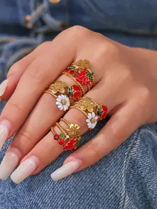 Cute Fashion Stainless Steel Ring, Three-Layer Hollow Design, Zirconia Daisy Beetle Strawberry Cherry Clover Multi-Element Open Band Jewelry
