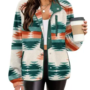 ZEAGOO Women's Cozy Fleece Jacket Western Aztec Print Button Down Coat with Pockets Casual Warm Outwear 2025 Winter Outerwear Outdoor