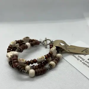 Brown, Cream, & Elephant Beads Three Strand Bracelet