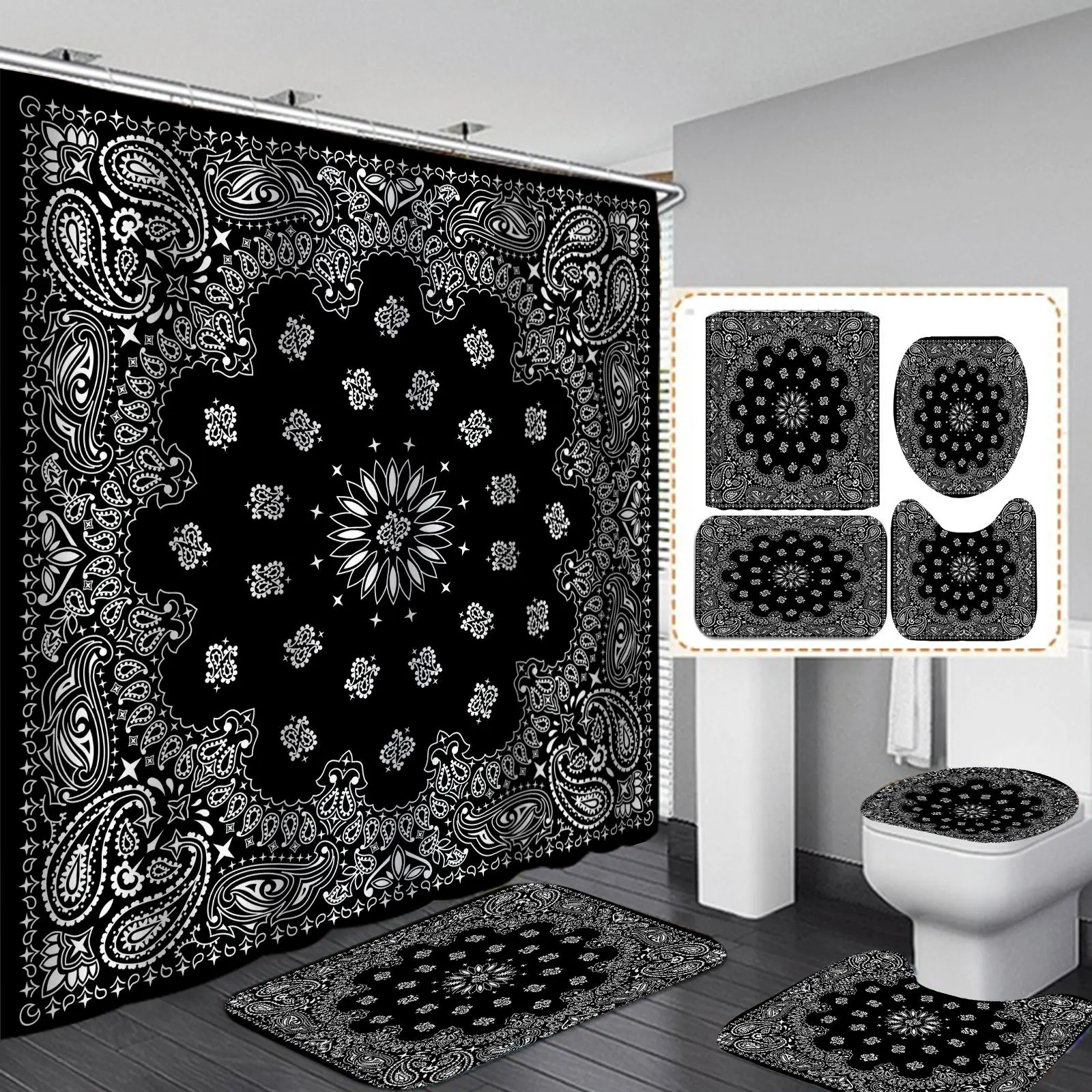 Geometric Pattern Printed Shower Curtain Set, Modern Floor Mat, U-shaped Mat, Toliet Lid Cover, Bathroom Restroom Decor Supplies for Home Hotel Salon Dormitory, Bathroom Decoration Accessories, Bathroom Decor And Accessories