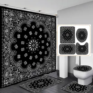 Geometric Pattern Shower Curtain Set, Modern Floor Mat, U-shaped Mat, Toliet Lid Cover, Bathroom Decor Supplies for Home Hotel Salon Dormitory