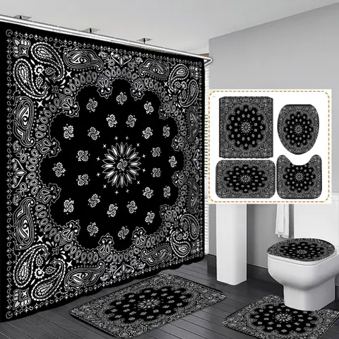 Geometric Pattern Printed Shower Curtain Set, Modern Floor Mat, U-shaped Mat, Toliet Lid Cover, Bathroom Restroom Decor Supplies for Home Hotel Salon Dormitory, Bathroom Decoration Accessories, Bathroom Decor And Accessories