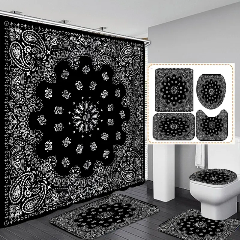 Geometric Pattern Printed Shower Curtain Set, Modern Floor Mat, U-shaped Mat, Toliet Lid Cover, Bathroom Restroom Decor Supplies for Home Hotel Salon Dormitory, Bathroom Decoration Accessories, Bathroom Decor And Accessories