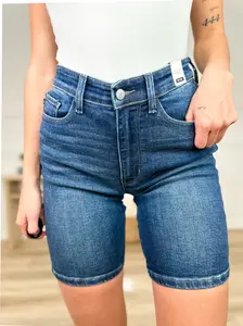 Judy Blue Kristen Mid-Rise Bermuda Denim Shorts - Dark Wash (Non-Distressed)