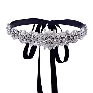 LOVFOIVER Rhinestone Bridal Belt Pearl Crystal Wedding Dress Sash Belt Shiny Handmade Wedding Accessories (Black)