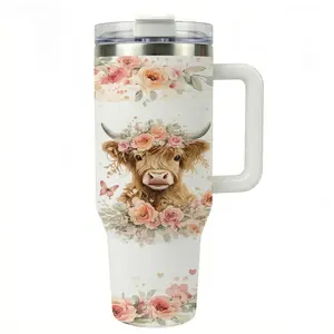 40oz Highland Cow Straw Tumbler, Just A Girl Who Loves Cows Design, Floral Cow Aesthetic Cup, Farm Girl Country Style, Vacuum Insulated Tumbler with Handle, Leak Proof Lid, Hot Cold Drinks All Day, Cute Cow Lover Gift, Insulated Travel Drinkware
