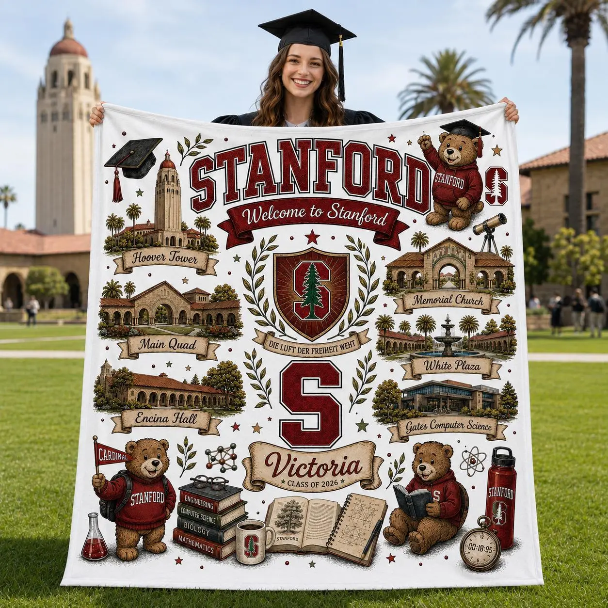 Custom University Campus Fleece Blanket College Graduation Class Of 2026 Mascot Landmark Throw Custom Blanket School Decor Gift Graduate Gift