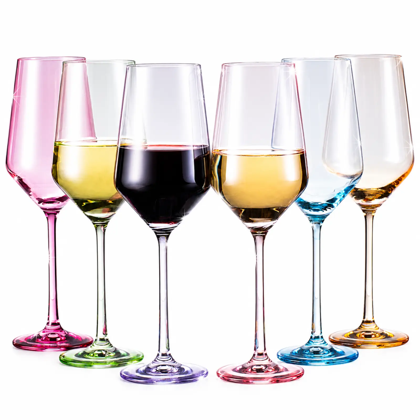 Colored Crystal Wine Glass Set of 6, Large Stemmed 12 oz Glasses, Great for all Occasions & Special Celebrations, Unique Italian Style Tall Drinkware for Red & White Wine