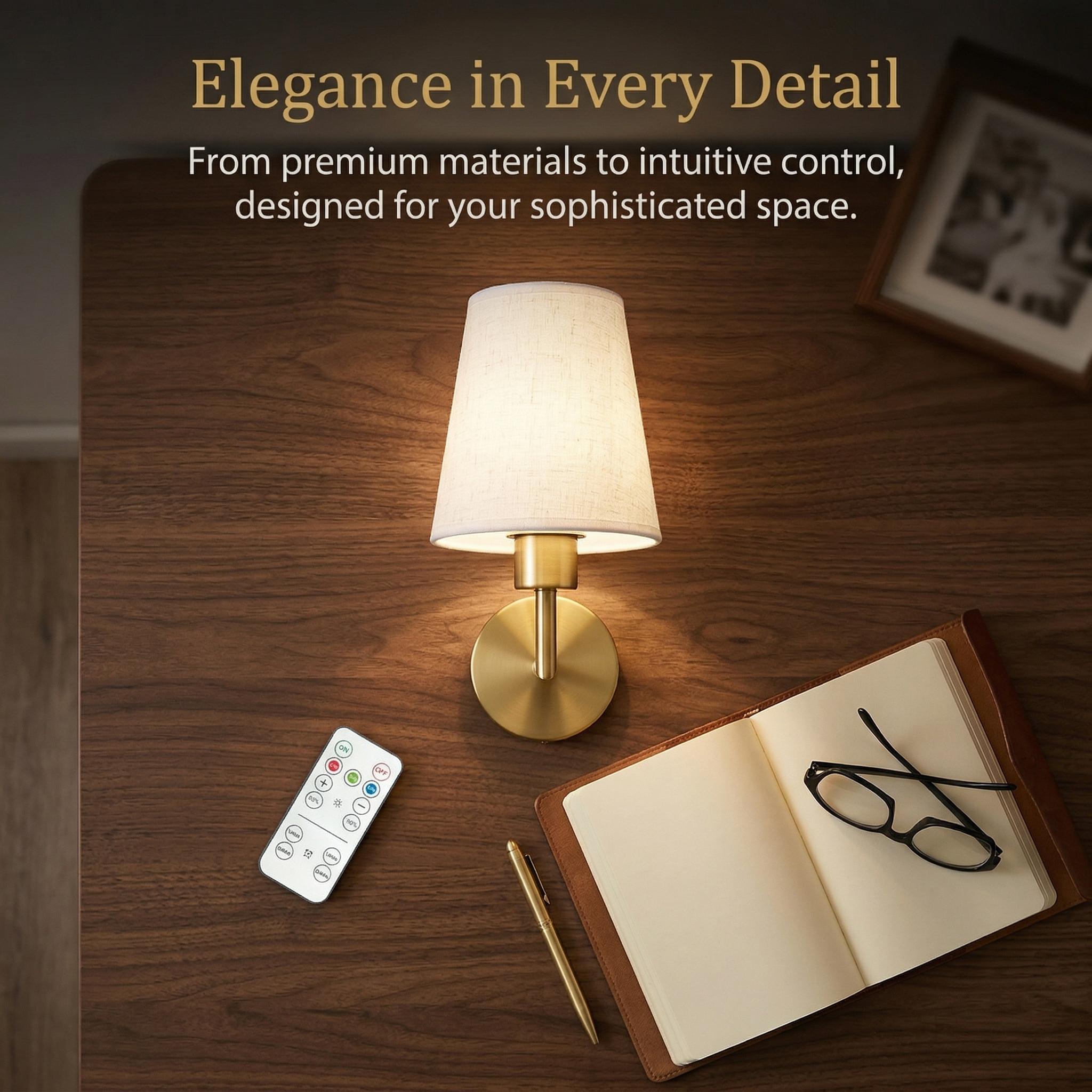 Gold Wall Sconce with Remote Control, Modern Fabric Shade Wall Lamp for Bedroom, Living Room, Hallway and Bedside Decor