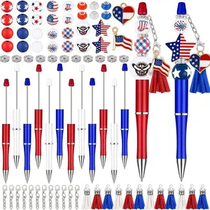 12 Sets American Flag Theme DIY Beaded Pens, Creative Handmade Kit, Wood Bead Pendant Tassel Spacer Rhinestones, Office School Supplies Gift