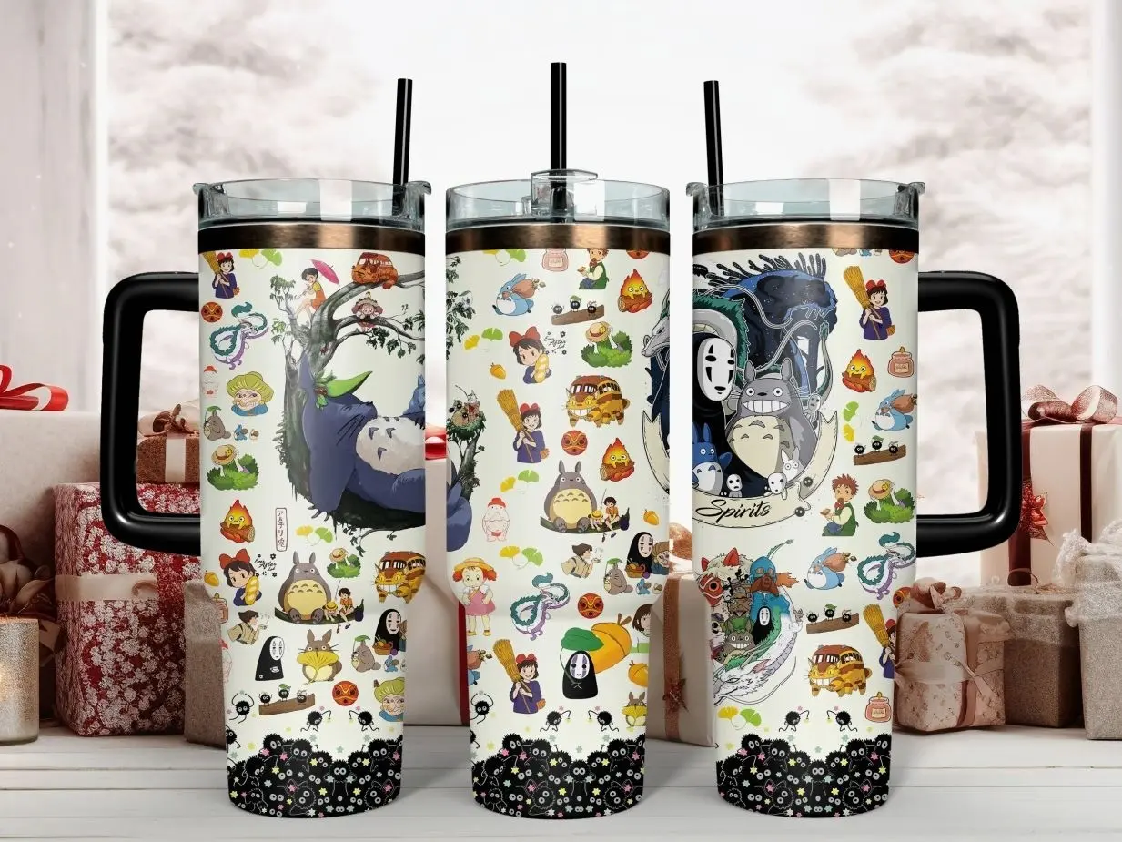 Studio Ghibli Insulated Drinkware Set - Printed Totoro Artwork Stainless Steel Travel Cups for Travel Use, 40oz Tumbler & 20oz Skinny Tumbler with Handles, Lids, No Face/Calcifer Designs, Anime Fan Kitchenware Gift