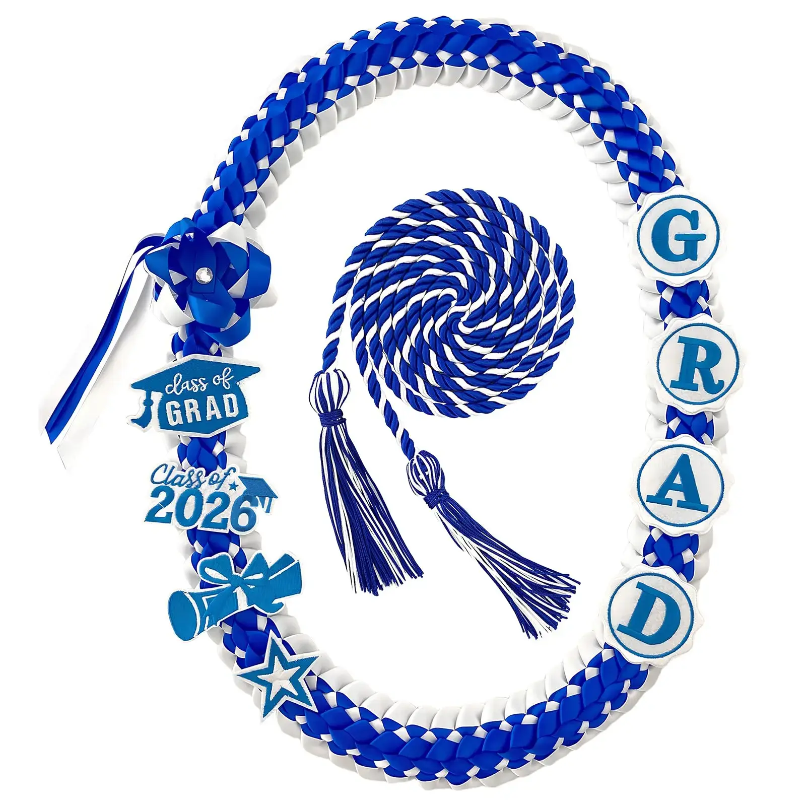 Handmade Class of 2026 Graduation Lei Braided Ribbon Lei,Two-Tone Braided Ribbon with Honor Cord with GRAD  Letter Charms | Hawaiian Graduation Necklace for Son Daughter Graduate | 2026 High School College Graduation Gift Keepsake Commencement Accessory