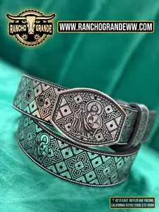 San Judas Cinto de Piel Genuina Corte laser Diseno nuevo/ Belt Genuine Leather. perfecto uso c/ Boots, botas , shoes.