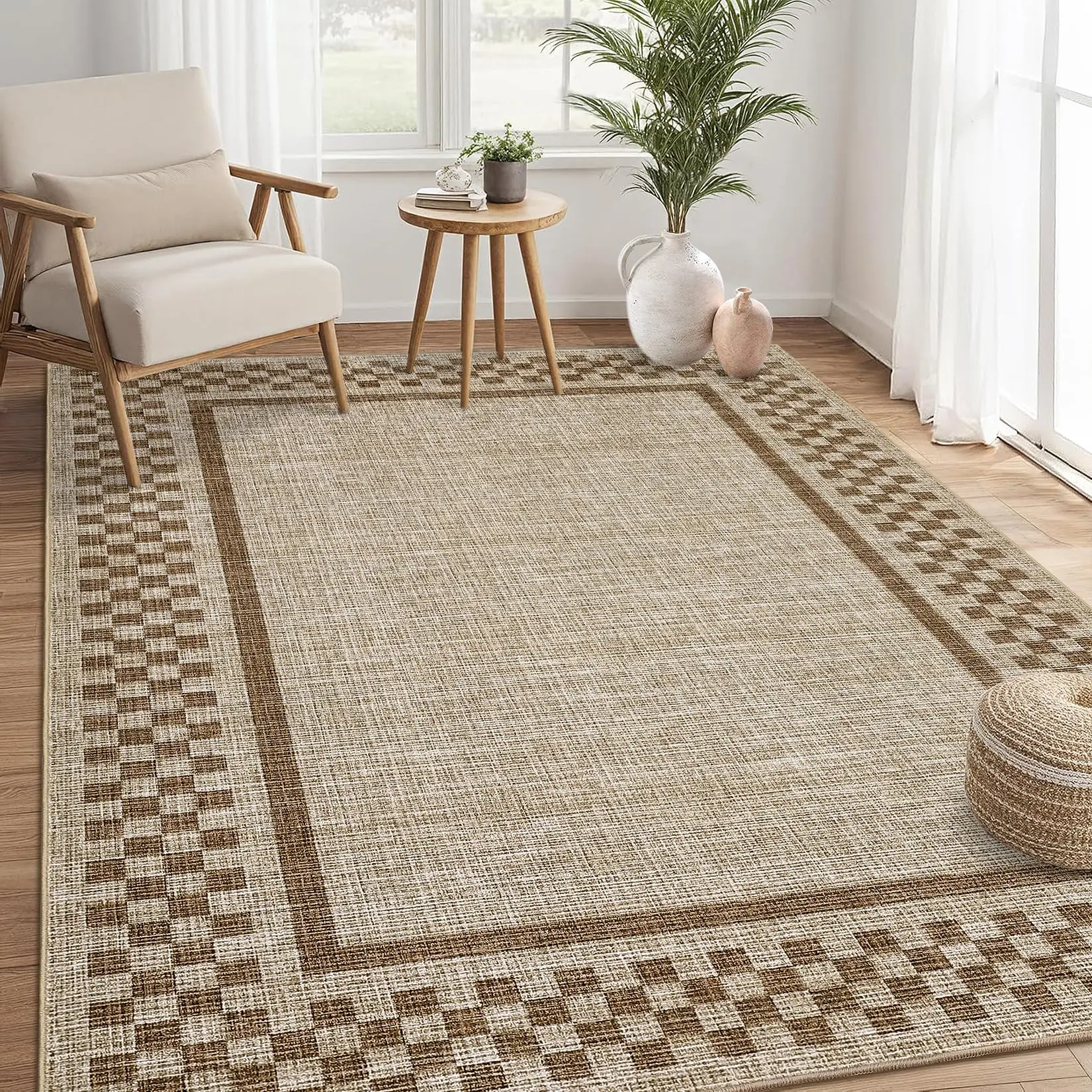 GARVEE 5x7 Washable Area Rug for Bedroom Living Room Non Slip Modern Bordered Throw Rugs Low Pile Soft Checkered Dining Room Area Rugs Geometric Throw Carpet for Kitchen Nursery Office, Taupe