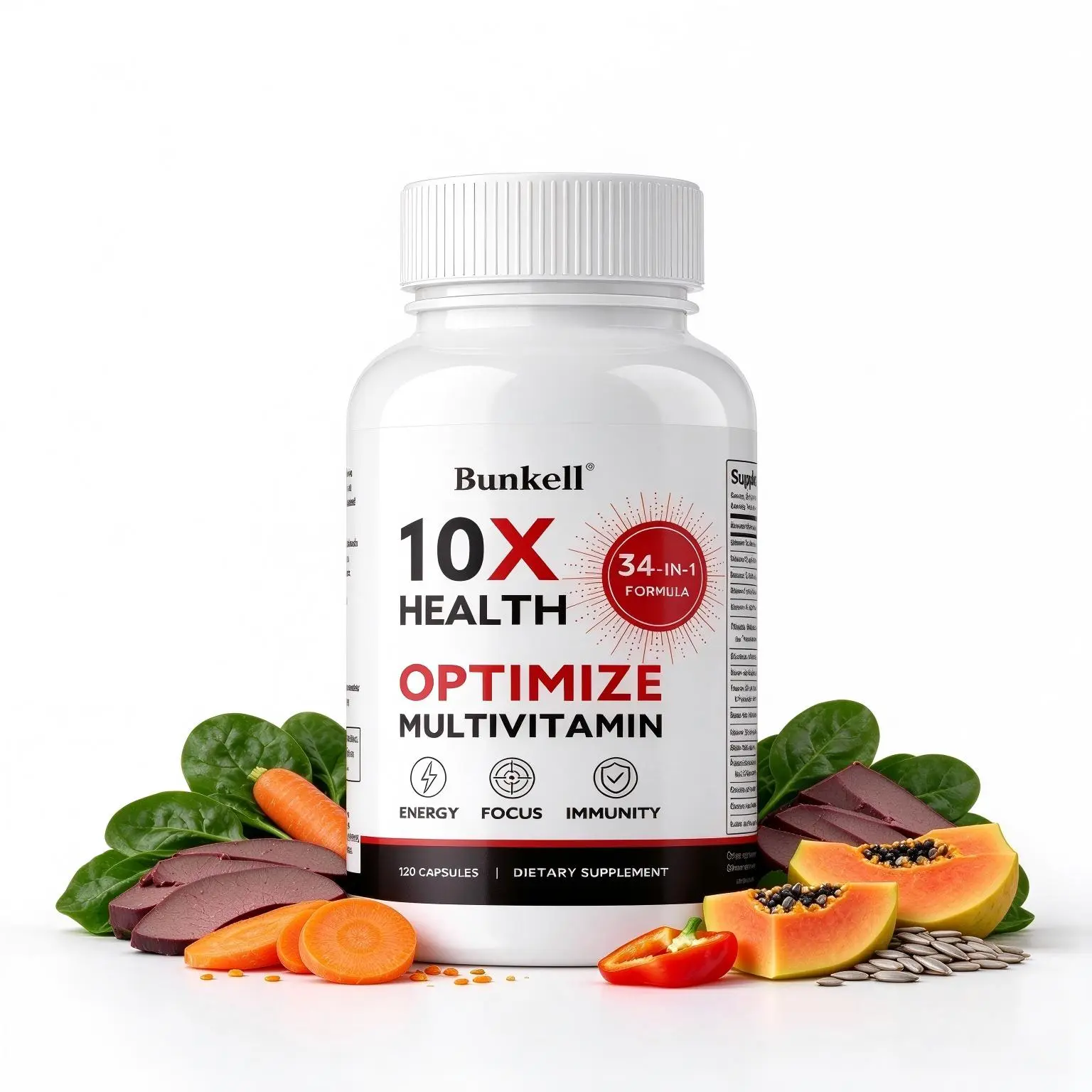 Bunkell 10X Health Optimize Multivitamin - 34-in-1 Daily Energy, Focus & Immune Support with Methylated B12 & Folate