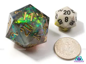 Hazy Vision (D20) | Sharp Edged, Translucent Smoke Gray, Blue-Green Holographic Film, Gold Ink, 33mm | Large Resin Die (1)