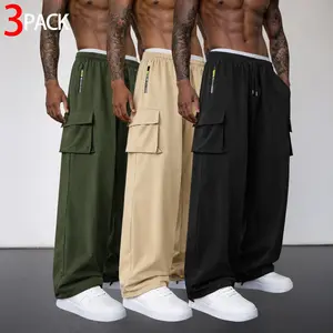 3 Pack Mens Cargo Pants Baggy Wide Leg Drawstring Trousers with Zipper Pocket and Flap Pockets Loose Fit Streetwear Utility Pants for Daily Wear Travel Commuting Skating Outdoor Casual Workwear Inspired Outfits
