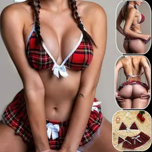 New styleWomen’s Plaid Lingerie Set – Halter Top with Mini Skirt and G-String Sleepwear First Wear Guarantee Matching  shop  black  friday  sales wire  bra smoothing  bra letter tape bra bed seduction clothes-UPW