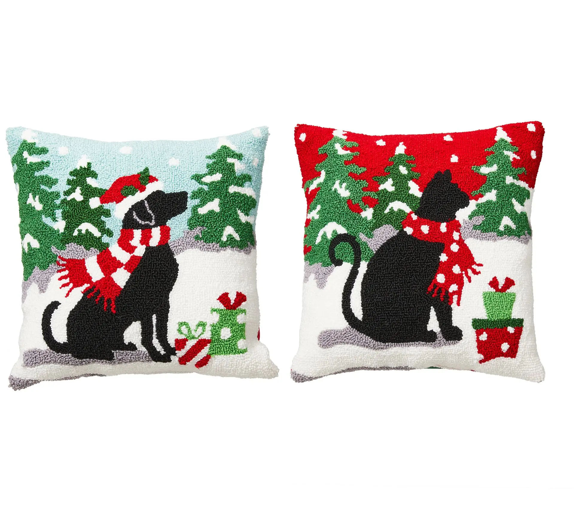 Glitzhome Set of 2 14"L Hooked Christmas Dog  & Cat Pillows