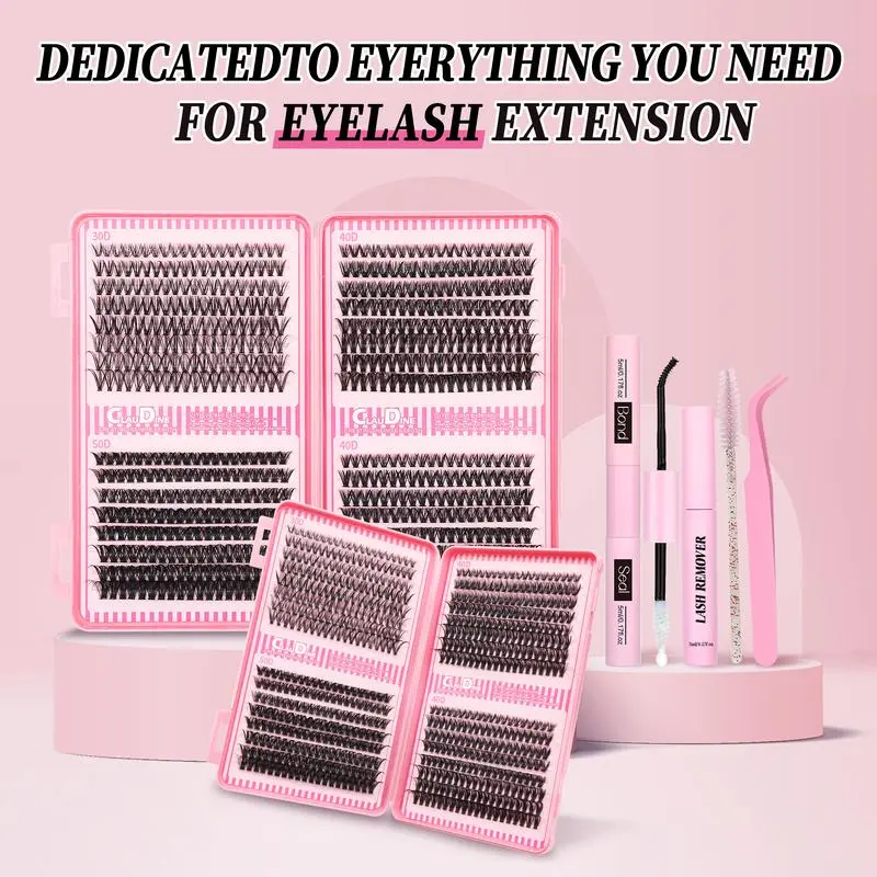 Natural Wispy DIY Lash Extension Kit Mixed 9-16mm Cluster Lashes with Bond, Seal & Remover