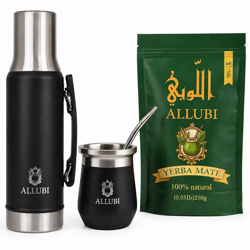 ALLUBI Adult Yerba Mate Kit, Portable Heat- MugResistant Drinkware Set with 1L Stainless Steel Insulated Flask, Traditional Tumbler, Bombilla, 250g Herbal Leaves, Bottled Lid & Loop for Hot/Cold Beverages (Flasks Included)