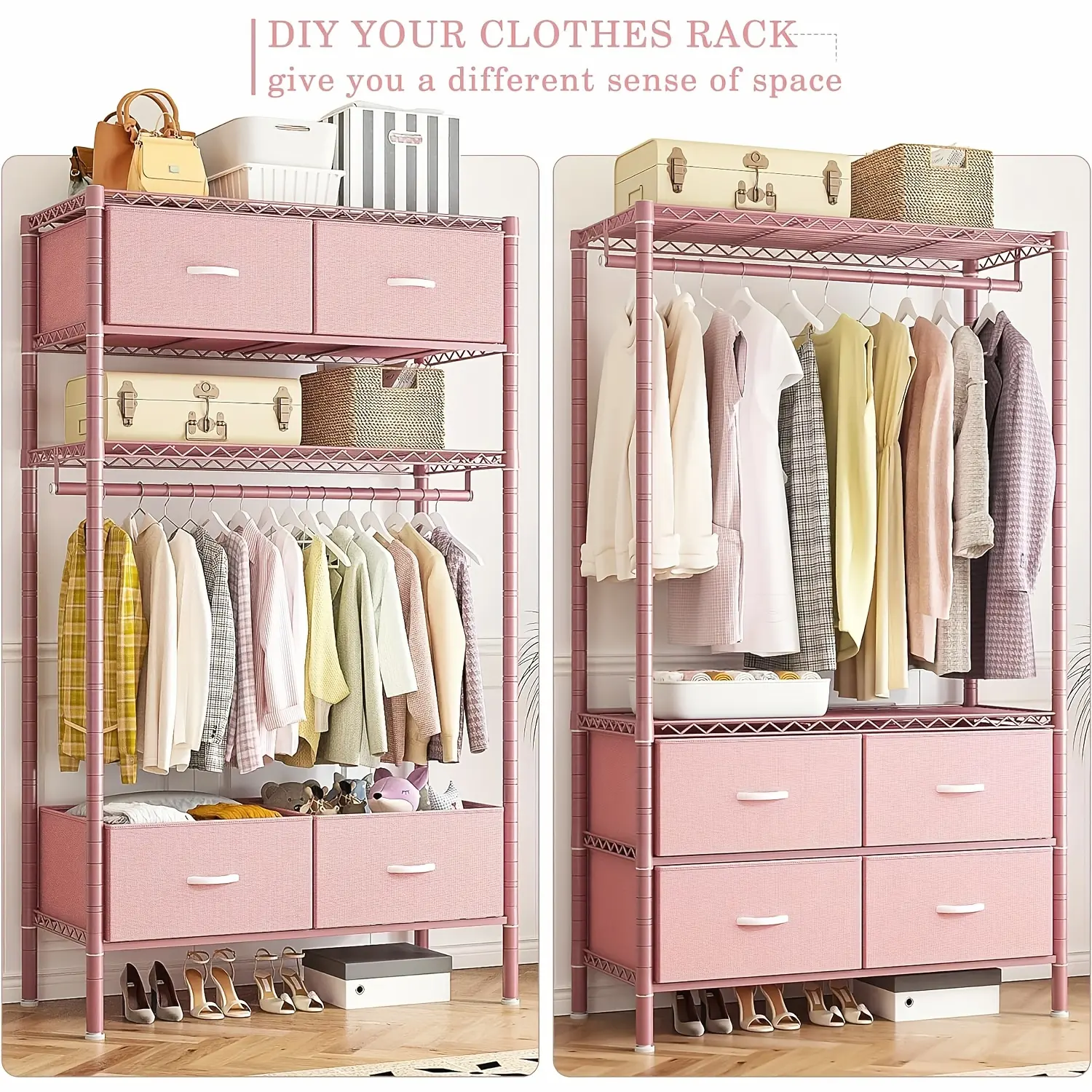Heavy Duty Clothing Rack with 4 Drawers - 420LBS Load Capacity, Easy Assembly, Sturdy Base, Durable Design, Large Storage for Coats & Shirts, Pink Indoor Wardrobe Furniture for Home Closet Organization, Load 420Lbs