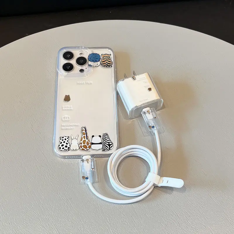 5 Piece Set Transparent Cute Animal Phone Case, Charger Head Cover, Cable Protector, Storage Rope, Anti-Drop Tpu Case for iPhone