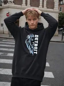 Men Hoodie Black Detroit Lion Graphic Print Streetwear Urban Fashion Casual Outfit