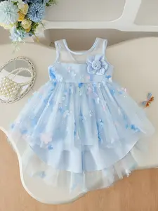 Baby girl dress, baby girl clothing, baby girl light blue mesh suspender dress, three-dimensional flower+sequin embellishment+backless design, Valentine's Day gift, suitable for traveling, school dressing, school performance dressing, baby products