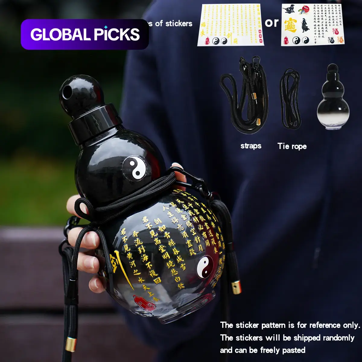 32 oz / 1000 ml Gourd-Shaped Leakproof Water Bottle with 3D Stickers, Outdoor Sports Traveler Water Bottle with Cup Lid and Portable Carry Strap, Ideal for Travel, Gym and Hiking #GLOBAL PICKS