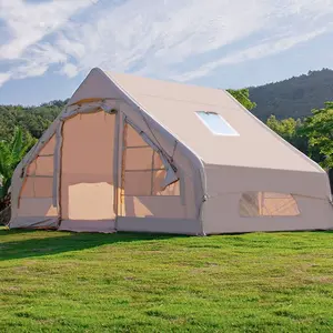 Large inflatable tent camping, hand pump inflatable tent, easy to build an inflatable hot tent with skylight and double doors, 4-6 people use waterproof Oxford cloth camping large tent