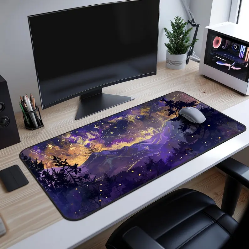 TCG Playmat, Purple and Gold Mountain Desk Mat, Card Playmats with Zones, XL Mousepad, Gift for Nature Lovers, Kawaii Desk Decor Aesthetic, Desk Mat Gifts