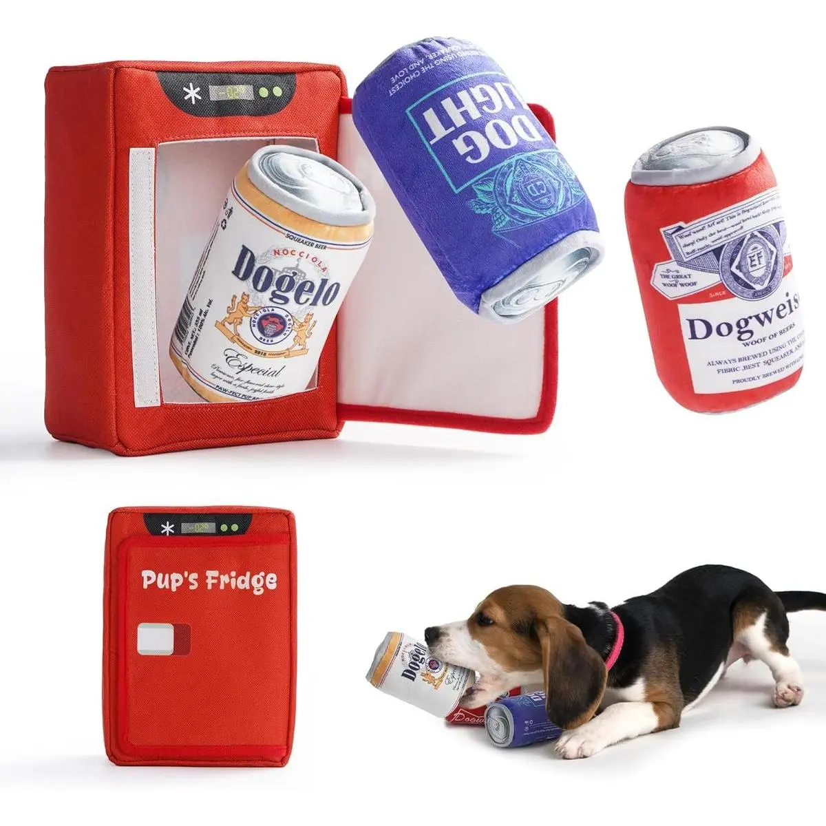 3 Pack Ice Cold Beer Dog Toys with a Fridge, Funny Squeaky Interactive Toys, Hide and Seek Toys to Keep Them Busy, Durable Enrichment Toy