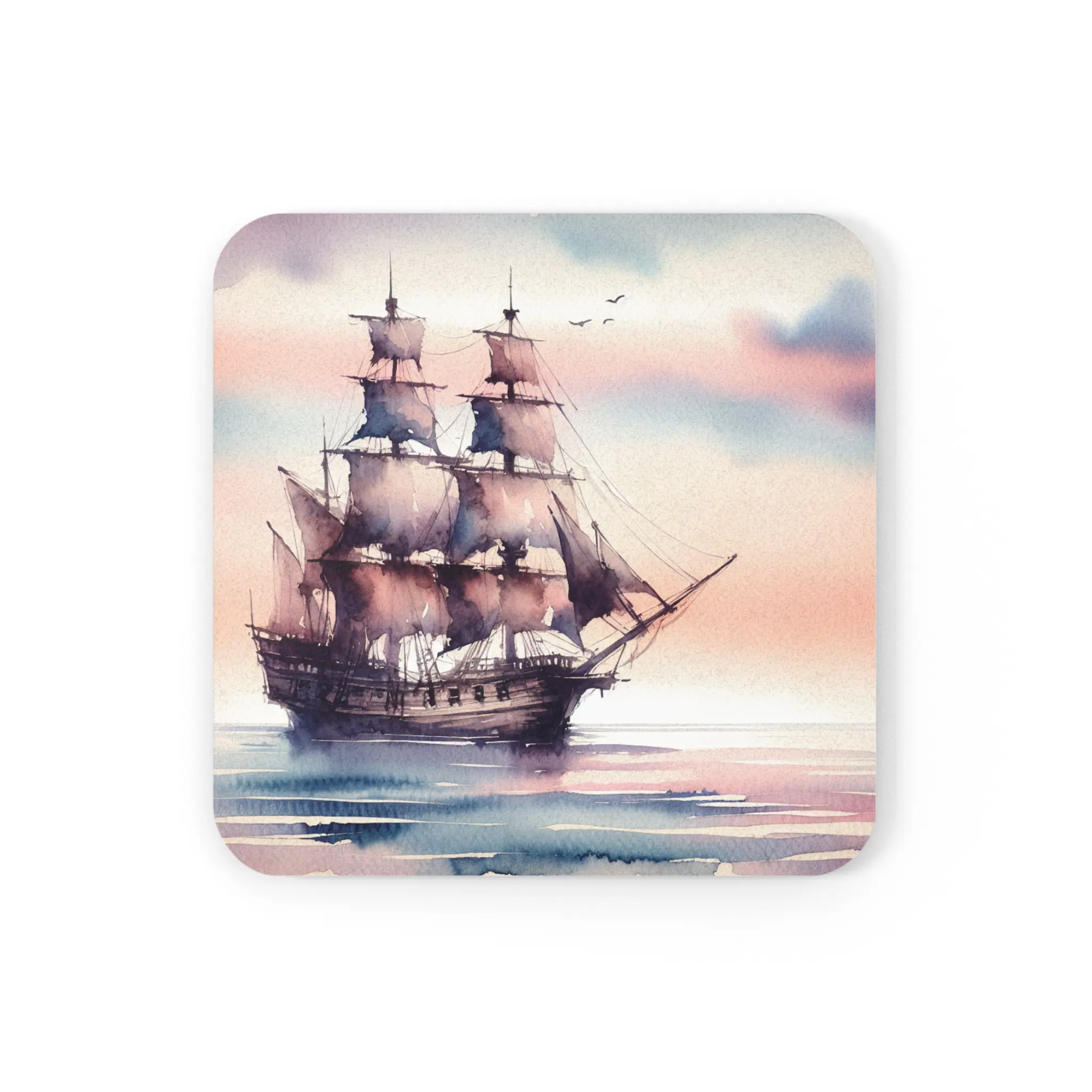 Sailboat Watercolor, Cork Back Coaster | Nautical Ship Drink Coaster