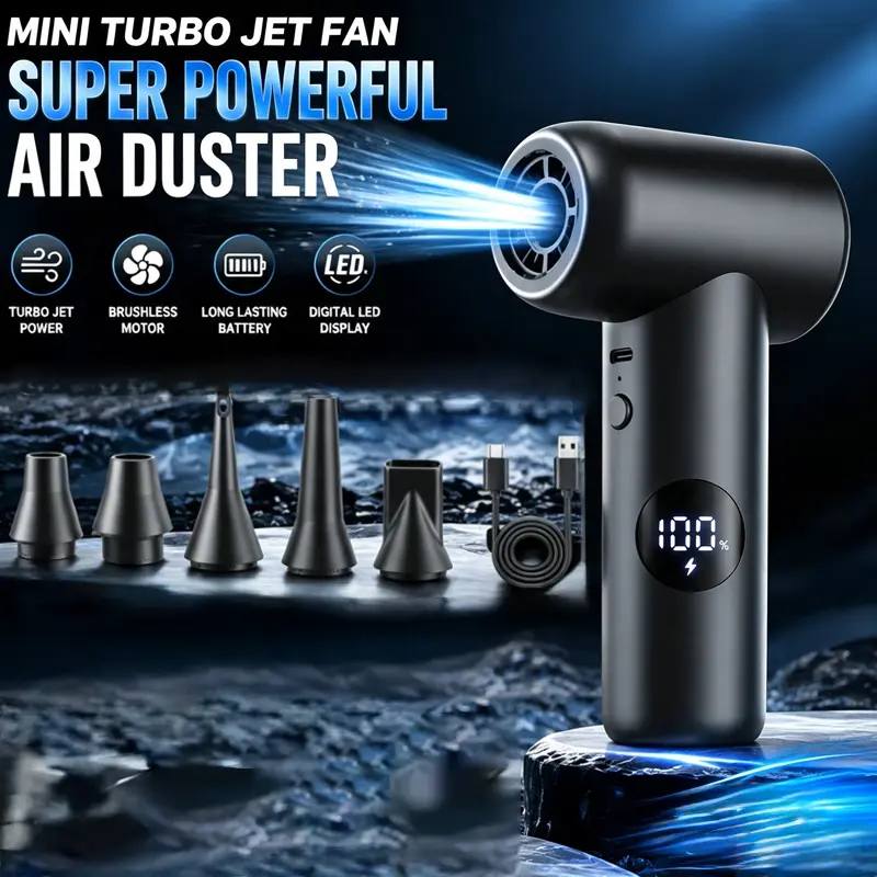 Portable 150000RPM Mini Super Violent Turbo Fan Electric Air Duster Blower Cordless Jet Fan Cleaner 29mm Brushless Motor with Digital LED Display for PC Keyboard Camera Lens Car Cleaning Set
