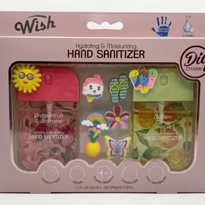 Aesthetic 2pk Moisturizing Hand Sanitizer Spray Set with 10pc DIY Charms 1.5oz 45ml Portable Fine Mist Fragrance Dragonfruit Jasmine & Golden Citrus Scented Hydrating Aloe Vitamin E Refillable Liquid Pocket Spray Gift Set for All Ages & Travelers