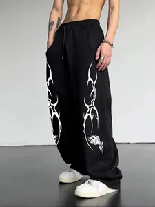 Casual Black Oversized Gothic Knitted Sweatpants - Men's Flame Rose Print Drawstring Baggy Pants, Y2K Streetwear Trousers
