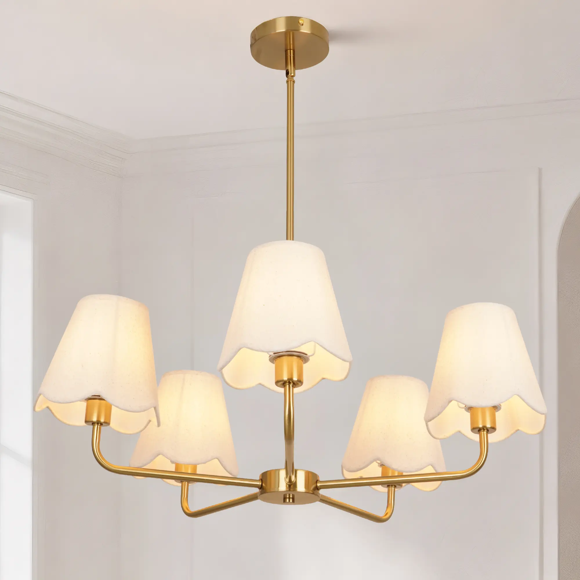 Gold 28.7-Inch 5-Light Ceiling Chandelier with White Scalloped Fabric Shades, Adjustable Rod, E12 Classic Farmhouse Lighting for Dining Room, Living Room