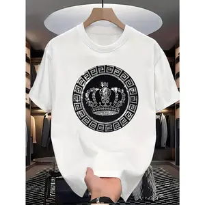Plus Size Men's Fashion Black and White Decorative Crown Print Pattern T-Shirt, Vintage Elegant Luxury Crown Pattern, Plus Size Men's Street Fashion Clothing